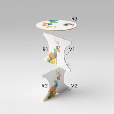 estrutura branca com desenhos coloridos e etiquetas R3, R1, V1, R2, V2