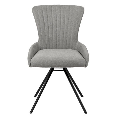 Cadeira cinza estofada com base metálica preta