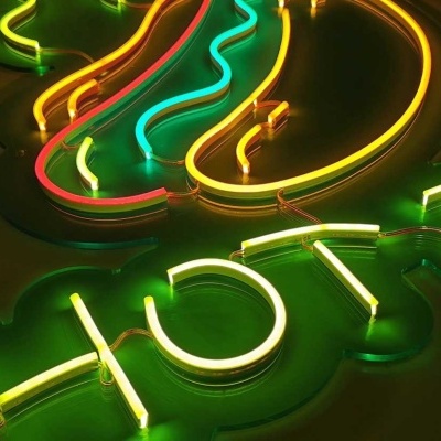 Letreiro em néon colorido com as palavras 'HOT DOG'