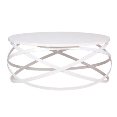 Mesa de centro redonda branca com estrutura de tiras cruzadas