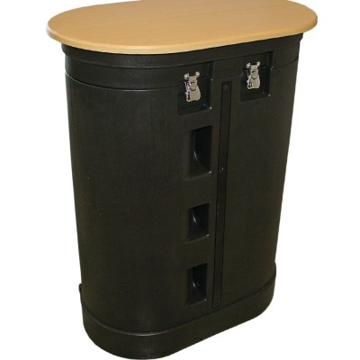 Móvel de armazenamento oval preto com tampo de madeira clara e fechos metálicos