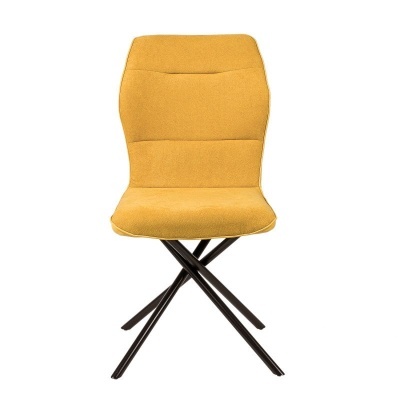 Cadeira acolchoada amarela com pernas cruzadas pretas