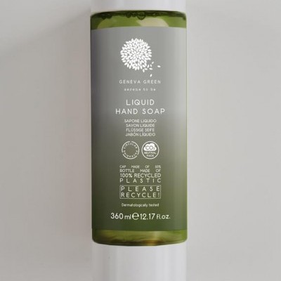 Frasco verde de sabão líquido para as mãos com tampa branca e rótulo cinza da GENEVA GREEN