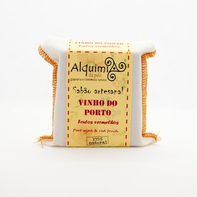 Sabão artesanal Alduim Vinho do Porto em embalagem de tecido branco com costura laranja