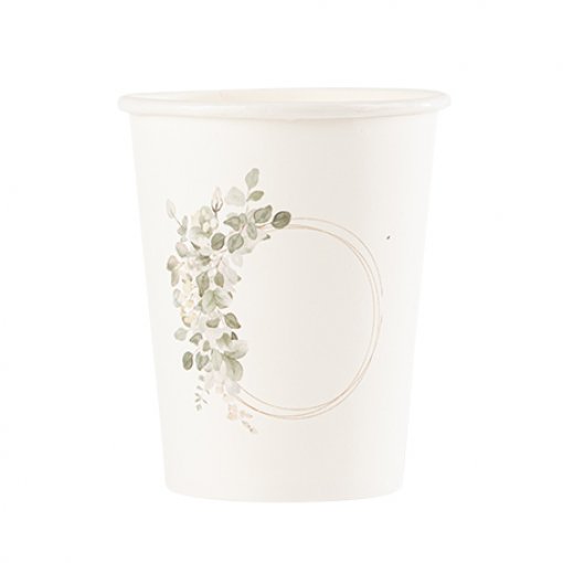 Copo de papel branco com desenho de folhagem verde e círculo beige