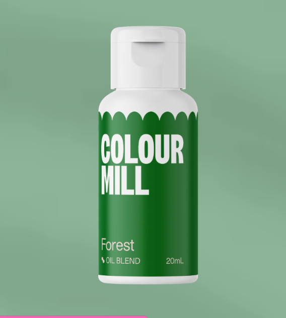 Corante colour Mill Forest - 20ml Frasco plástico branco com tampa branca e rótulo verde de óleo essential com texto COLOUR MILL