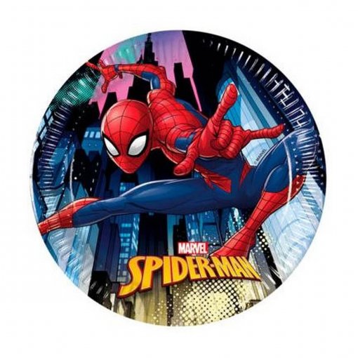 Prato redondo com imagem do Spider-Man em fundo urbano e texto Marvel Spider-Man