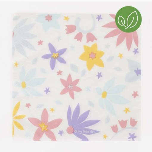 Guardanapo de papel branco com estampado floral colorido e ícone verde de folhas