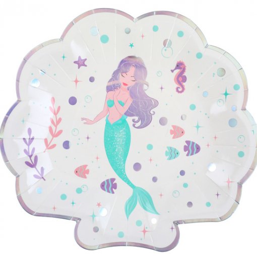 Prato descartável formato concha com sereia e peixes coloridos