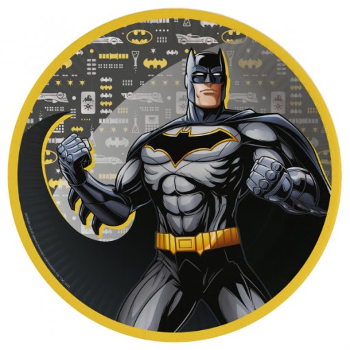 Ilustração circular do Batman em traje preto e cinza com capa, pose de força e fundo com ícones do Batman