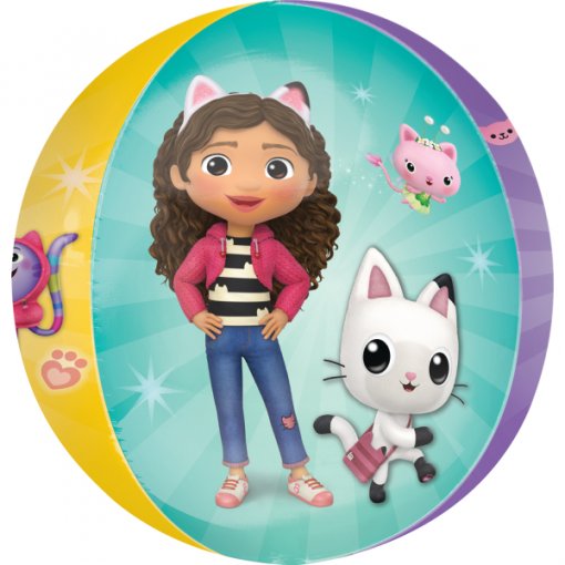 Balão colorido com personagens de desenho animado, incluindo menina e gatos