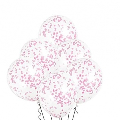 6 balões transparentes com confetti rosa bebé