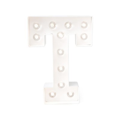 Letra T luminosa decorativa em plástico branco com luzes