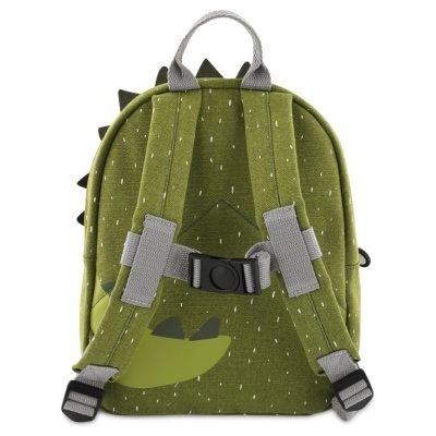 Mochila verde com tiras cinzentas e dentes decorativos