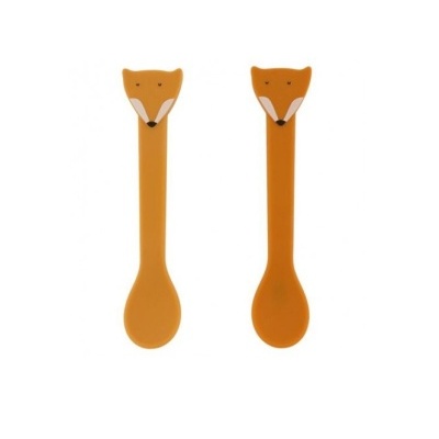 Conjunto de duas colheres de silicone cor de laranja com cabos em forma de cabeça de raposa