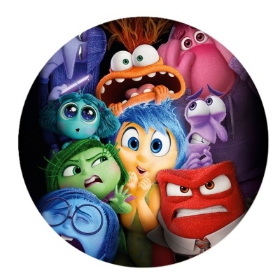 Personagens animados coloridos do filme 'Inside Out' com várias expressões faciais num fundo escuro