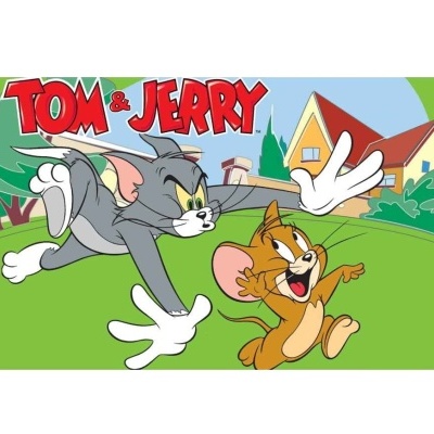 Tom e Jerry a correr num jardim com casas ao fundo