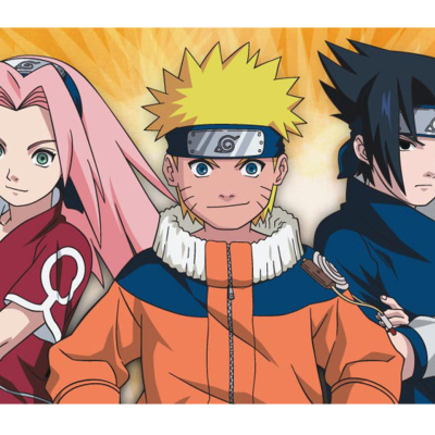 Três personagens de anime com roupa colorida, fundo amarelo com raios