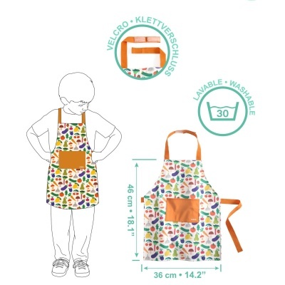 Avental infantil colorido com bolso laranja e padrão de legumes.