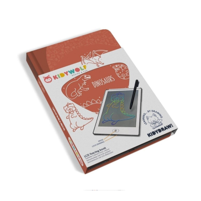 Livro de traço LCD KIDYWOLF para crianças com tema dinossauros e dispositivo de escrita