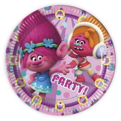 Prato de papel rosa com personagens de desenho animado e cupcakes