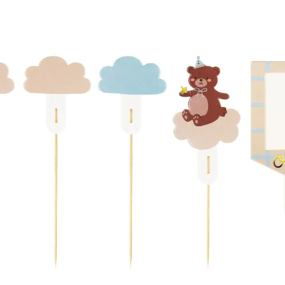 toppers para bolos de madeira em forma de nuvens, urso e moldura com palavra 'one'