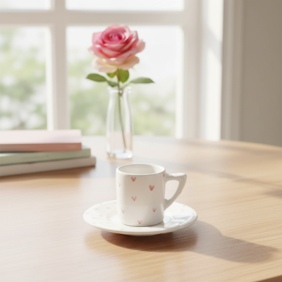 Conjunto de chávena e pires com corações cor-de-rosa numa mesa de madeira com rosa em jarra e livros