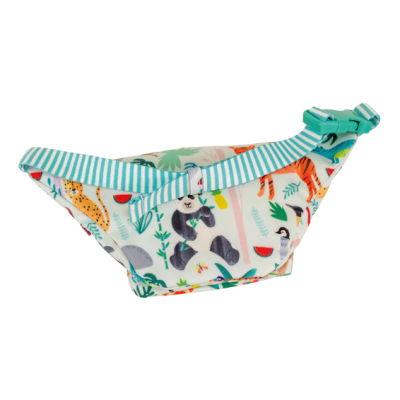 Pochete infantil com estampa de animais e cinto azul às riscas brancas