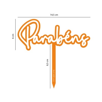 Topo de bolo laranja com texto Parabéns e suporte com texto Just Add Love