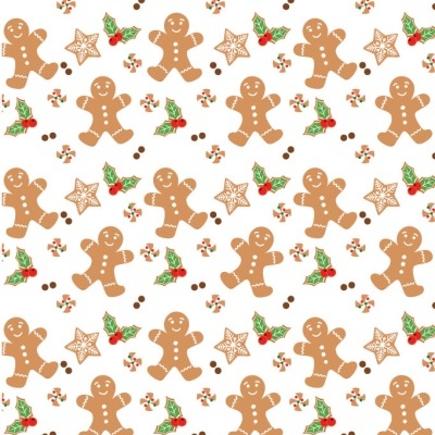 padrão de biscoitos de gengibre, estrelas, azevinho e confeitos em fundo branco