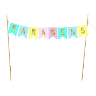 Topo de bolo grinalda Arco iris pastel Parabéns