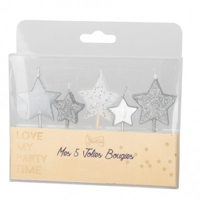 5 Velas Estrela Glitter Prata