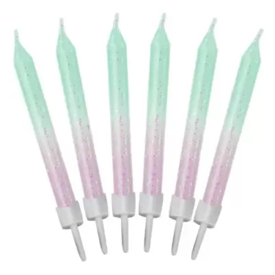 Seis velas estreitas em degradê de verde para rosa com brilho
