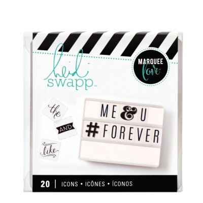 Conjunto de 20 ícones para quadro de letras com frase e símbolos em preto e branco