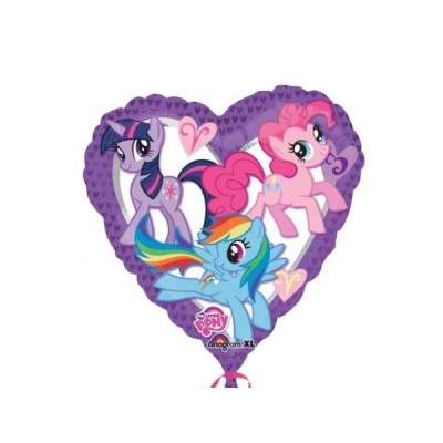 Balão em formato de coração com personagens My Little Pony e texto visível