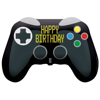 Comando de videojogo preto com botões coloridos e texto 'HAPPY BIRTHDAY'