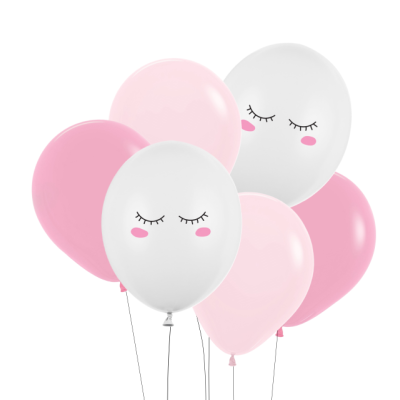 Seis balões cor-de-rosa e branco com olhos estampados fechados