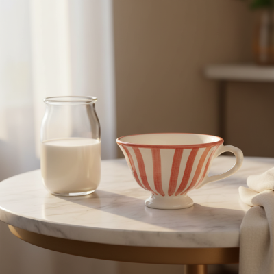 Jarra de vidro com leite e chávena branca com riscas vermelhas numa mesa de mármore.