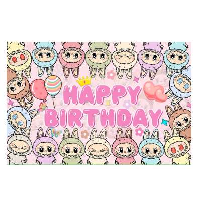 Cartaz de aniversário com texto 'HAPPY BIRTHDAY' e personagens de desenhos animados vestidos de coelho em fundo rosa.