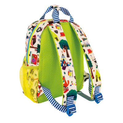 Mochila infantil colorida com padrão de animais e árvores e alças com riscas azuis e brancas