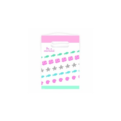 Saco de plástico translúcido com padrões marinhos e texto 'Be a mermaid'