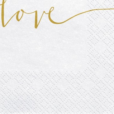 Guardanapo de papel branco com a palavra 'love' em dourado