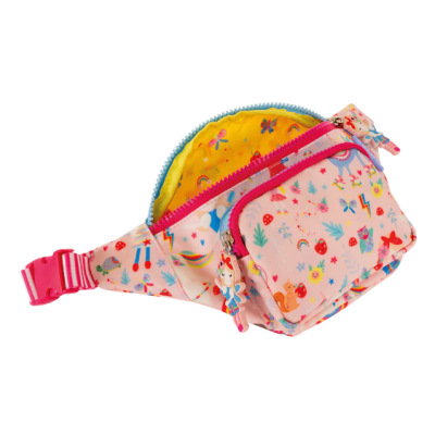 Bolsa de cintura rosa claro com padrão infantil colorido e fecho rosa