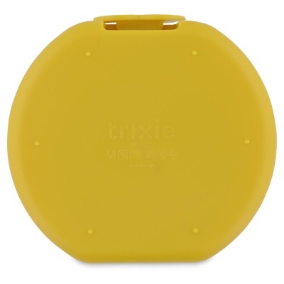 Estojo redondo amarelo em plástico com texto e fecho