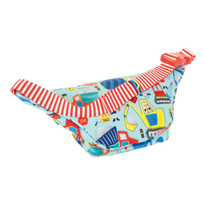Pochete infantil com padrão de veículos de construção e cinta vermelha riscada
