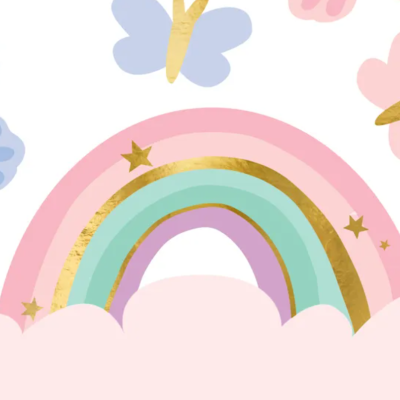 Ilustração de arco-íris colorido com borboletas e nuvens