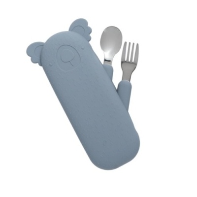 Conjunto de talheres infantil com estojo azul em formato de urso