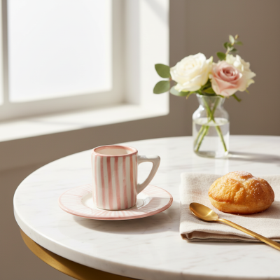 Chávena e pires risca rosa e branco em mesa de mármore com pão e flor no jarro.