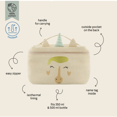 Necessaire isolante bege com rosto sorridente, alça e fecho