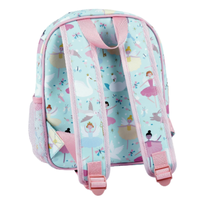 Mochila infantil azul claro com bailarinas e cisnes, tiras rosas